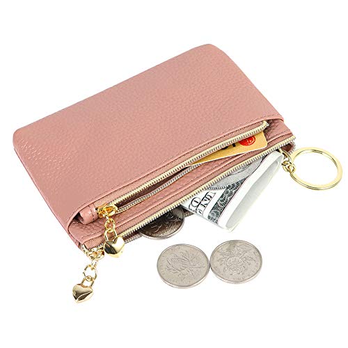 Image of Women's Genuine Leather Coin Purse Zipper Pocket Size Pouch Change Wallet, Dark Pink
