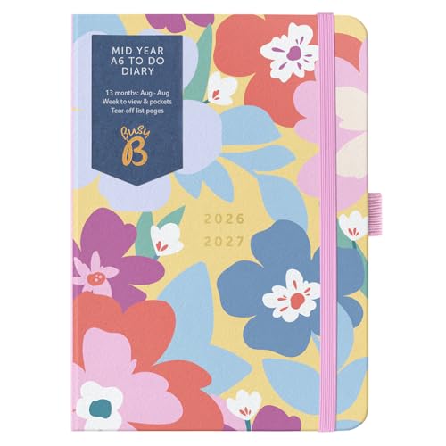Busy B A6 Diary - Mid-Year Academic Planner - Aug '26 - Aug '27 - Floral Print Planner Journal - Week-to-View with To-Do Lists, Notes Pages, 3 Pockets, Pen Loop, Year Planner & Elastic Closure