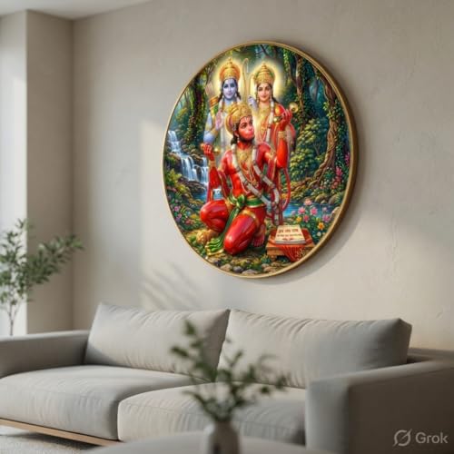 Image of SAF Ram Sita with Hanuman Wall Art with PVC Round Frame | Sparkle Laminated Lord Ram Sita Hanuman Devotional Painting | Spiritual Wall Decor for Home Temple Living Room Gift Item