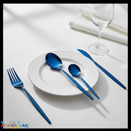 Image of Slim Handle Blue 20 Pcs Stainless Steel Cutlery Set for Dining Table, Dishwasher Safe Glossy Flatware (5 Spoon Set+5 Forks Set+5 Butter Knife+5 Dessert Spoon)
