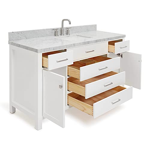 Ariel Bristol 61" Inch Single White Bathroom Vanity | Rectangle Sink | 1.5" Edge Italian Carrara Marble Countertop | 2 Soft-Closing Doors | 5 Dovetail Full Extension Drawers | Polished Chrome Hardware #TOP2