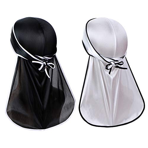 2 Pieces Super Soft Durag Headwraps with Extra Long Tail and Wide Straps for 360 Waves