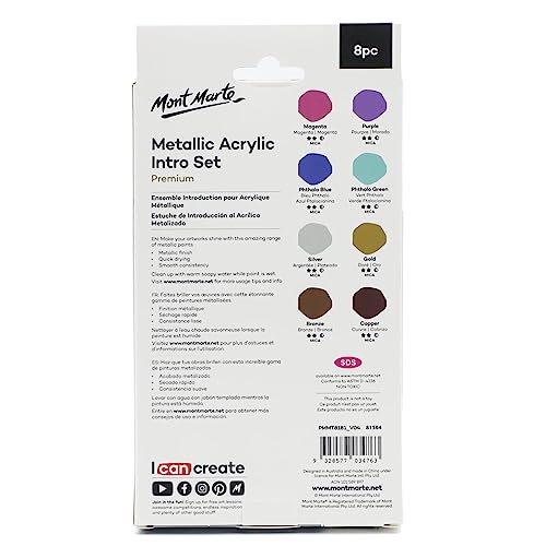 Mont Marte Acrylic Paint, Gold, Silver, Bronze, Copper, Magenta, Purple, Phthalo Blue, Phthalo Green Metallic Finish 18ml
