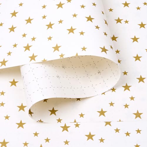 White Gift Wrapping Paper Roll, 43cm x 15M Birthday Recyclable Kraft Wrapping Paper Paper Print with Star for Christmas Birthday Wedding Gift Wrapping - Image 2
