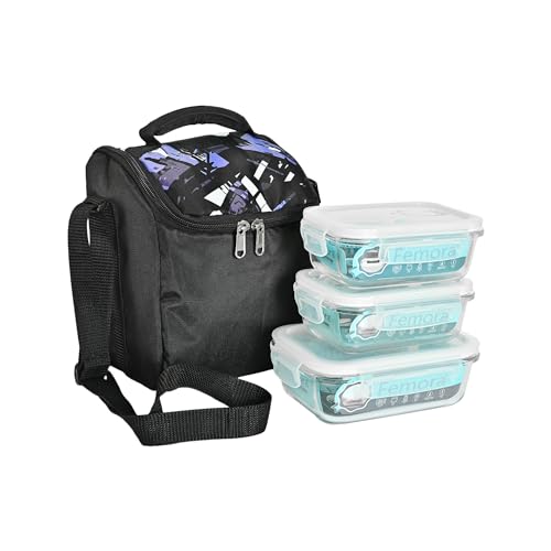Image of Femora Borosilicate Glass Container Lunch Box with Bag for Office, School, Black, Rectangular, 400 ML, 620 ML (3 Container+ 1 Bag)