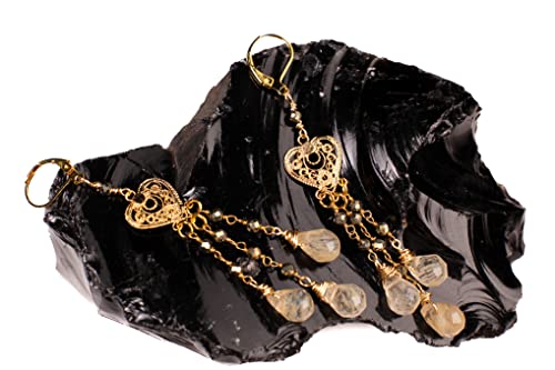 Gold Rutilated Quartz, Pyrite Filigree Chandelier Heart, Dangling Faceted Briolette Teardrop Gold Leverback Earrings, Handmade Gift For Her #TOP3