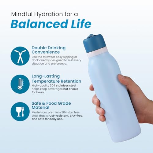 Image of HomeEssentials 700ml Stainless Steel Water Bottle: 3-Layer Insulated Hot & Cold Flask - Leakproof Design - Premium Sports Bottle for School, Office & Home - Sleek Durable Hydration (Blue)