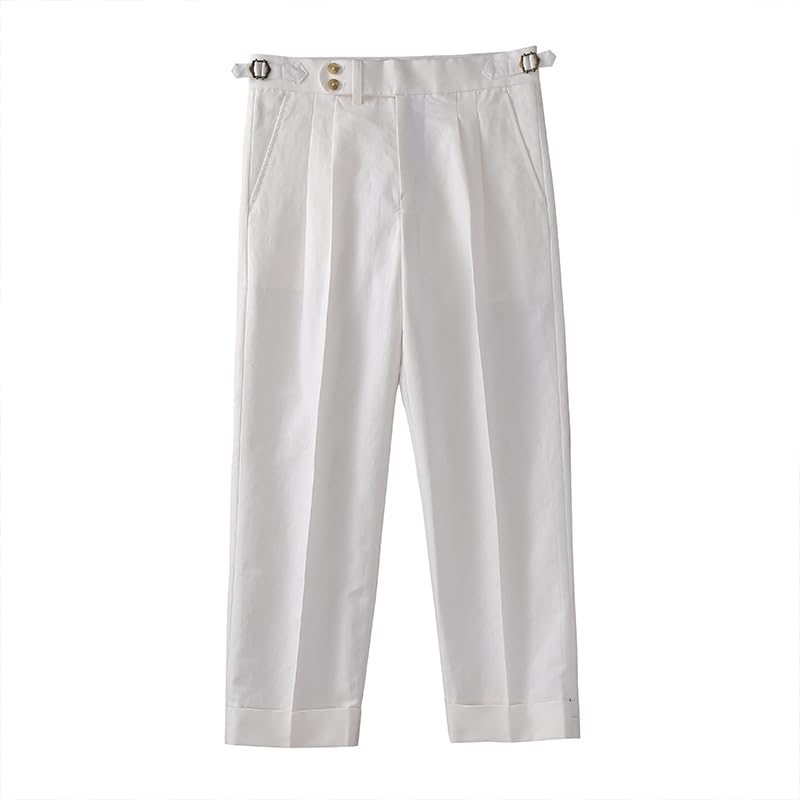 White Pants French Linen Straight Casual Pants Men High Waist Straight Pants Paris Button Adjustment Large Size Customized