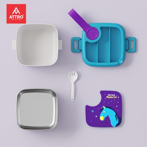Image of ATTRO KidsMate Horse Lunch Box Stainless Steel Comes with 1 Detachable Tray| Leak-Proof & Durable | Plastic Spoon | Ideal for Kids, School, Picnic - Blue Purple - 500ml