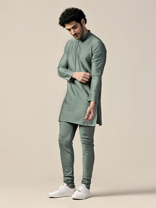 Kisah Men's Kurta Churidar Set, Green Cotton Blend, Solid Regular Fit Long Sleeves Mandarin Collar (38)