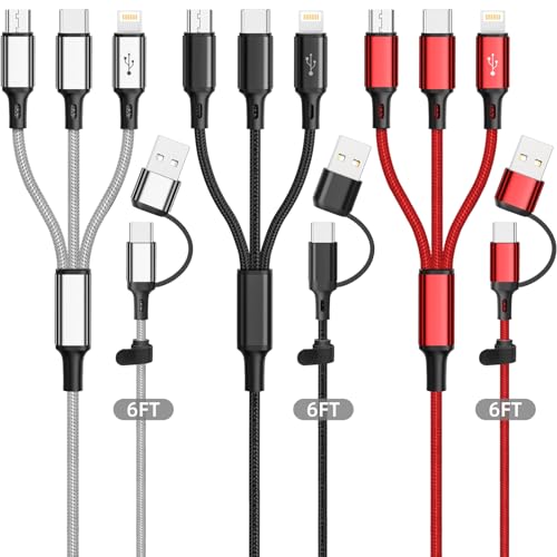 Image of Multi Charging Cable 3Pack-6ft, 6 in 1 Multiple Phone Charger Cable - Universal USB A /C to Lightning /Type C /Micro USB Port for Cell Phone (Gray, Black, Red)