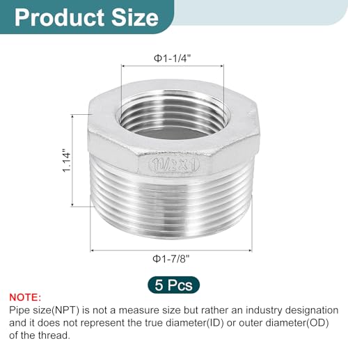 Image of uxcell 5Pcs 1-1 /2 inch Male NPT to 1 inch Female NPT 304 Stainless Steel Reducer Hex Bushing, Reducing Cast Pipe Adapter Fitting for industrial, oil /gas, water, HVAC, and plumbing systems