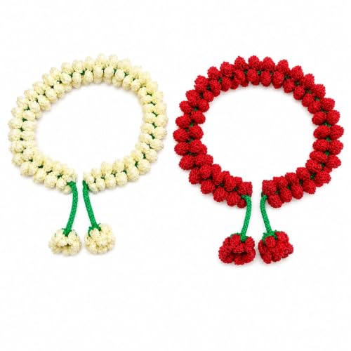 Image of Handmade Crochet Gajra Set of 2 for Women & Girls | Red & Cream Floral Hair Decoration | Traditional Indian Hairstyle Accessory for Navratri Onam Diwali Wedding