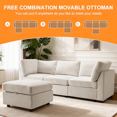 Image of TEKAMON 94 inch L Shaped Modern Sofa Modular Sectional Couch with Ottoman, 4-Seat Chenille Deep Seat Sofa for Living Room, Bedroom and Apartment, Beige