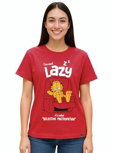 Image of Bewakoof X Official Garfield Merchandise Women's Selective Participation Graphic Printed 100% Cotton T-Shirt - Boyfriend Fit, Round Neck, Half Sleeves, Loose Fit