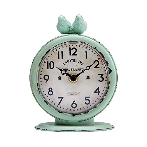 NIKKY HOME Shabby Chic Pewter Round Quartz Table Clock with 2 Birds, 4.75