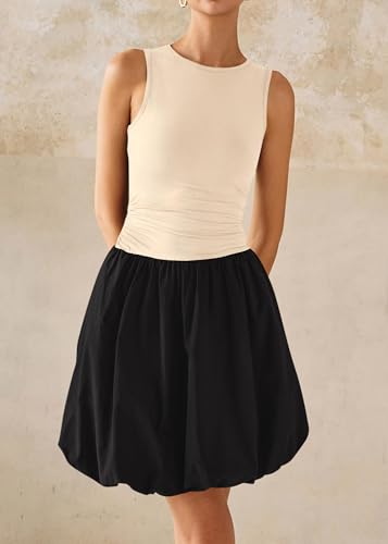 Image of KIRUNDO Summer Dresses for Women 2026 Cute Mini Sleeveless Bubble Dress | Stretchy Ruched Front Cinched Waist, Woven Balloon Skirt, Crewneck Tank Sundress With Pockets, Casual Party Vacation Outfits