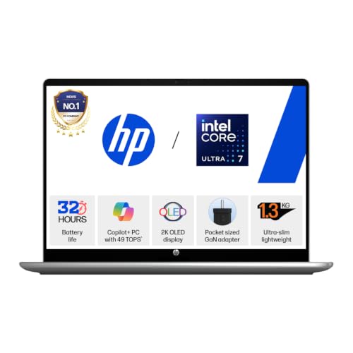 Image of HP OmniBook 5 OLED ● Intel Core Ultra 7 355 ● 49 Tops ● 16GB LPDDR5x ●1TB SSD ● 2K● 14'' /35.6cm● Win11● Office24● Meteor Silver● 1.33kg● hh0030TU● mini GaN Charger● Upto 32hrs battery life ● AI Laptop