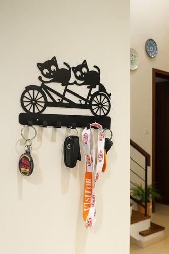 Image of Meet DECOR Metal Cycling Cat Design Key Holder with 8 Hooks | Decorative Wall Mounted Key Rack Organizer | Key Hanger for Entryway, Hallway, Kitchen, Office (25 x 15 cm)
