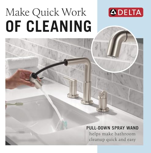 Image of Delta Nicoli Brushed Nickel Bathroom Faucet with Sprayer, 8 Inch 3 Hole Widespread Bathroom Sink Faucet with Pull Out Sprayer, Push-Pop Drain, Stainless 35849LF-SSPD
