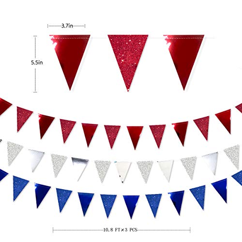 Image of 30 Ft Red Silver Blue Triangle Pennant Banner Bunting Hanging Paper Flag Garland for 4th of July American Independence Day USA National Day Patriotic Graduation Wedding Hen Party Decorations Supplies