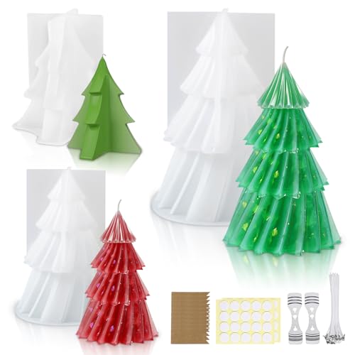 3 Stück Silikonformen Gießformen Tannenbaum, Silikonform Tannenbaum Weihnachten mit Kerzendocht Set, 3D Silikonform Weihnachtsbaum, für DIY Seife Kerzenherstellung Handwerk