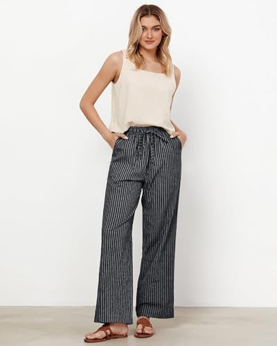 MINTLIMIT Women Striped Linen Pants Drawstring Casual Wide Leg Elastic Waist Trousers Loose Summer Lounge Pants with Pockets4