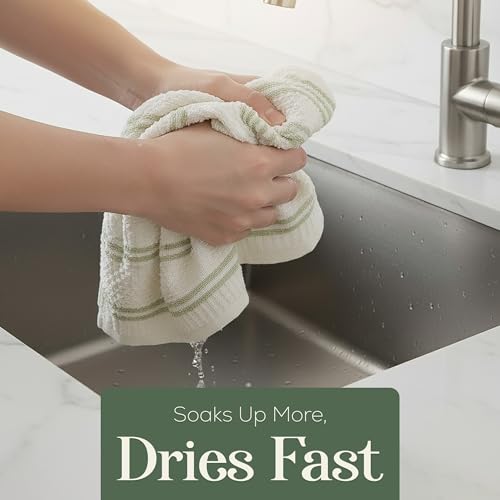 Image of Kitchen Towels, Cotton Hand Towels, Sage Green and Cream Ribbed - Mini Weaved Stitched Set of 4 Absorbent Hand Drying Cloths, 18 x 28 Kitchen Linens