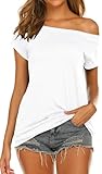 White Shirt Womens Off Shoulder Dressy Casual Short Sleeve Boat Neck Summer Tops White XL