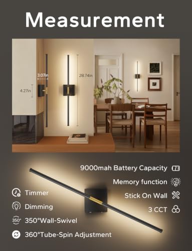 Image of KARTOOSH Peel and Stick Wall Sconces Battery Operated Set of 2, Black&Gold | 28.7in, 25-120h Run Time, Wireless, 3CCT, Dimmable Rechargeable Wall Lights with Remote for Bedroom Living Room Hallway