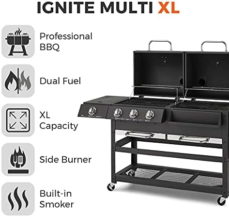 Tower T978507 Ignite Multi XL Grill BBQ with Gas/Charcoal/Smoker/Side Burner, Black