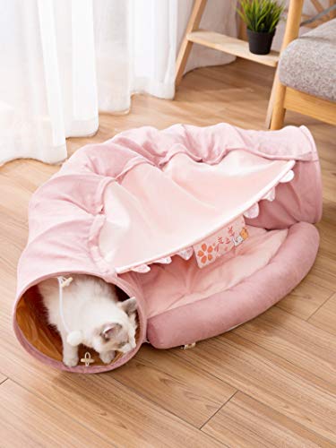 Image of 2 in 1 Cat Tunnel Bed Tube with Cushion and Plush Ball Toy Playground Crinkle Collapsible for Large Cats Kittens Kitty Puppy Small Dog Foldable Soft Pet Play Bed Indoor Outdoor- Pink Cat Tunnel Bed
