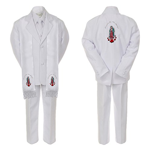 Image of Baby Boy Teen Baptism Formal White Suit Silver Guadalupe on Stole & Back SM-20