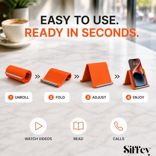 Image of Portable Foldable Silicone Aluminum Phone Holder, Flexible Phone Stand for Desk & Travel, Adjustable Non-Slip Universal Phone & Tablet Holder for Home, Kitchen, Office, Treadmill (Orange)