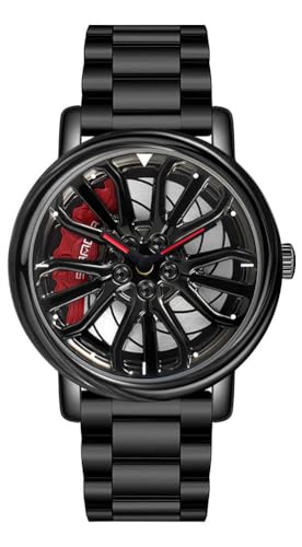 MASTOP watch with black spinning car wheel dial and mesh steel strap