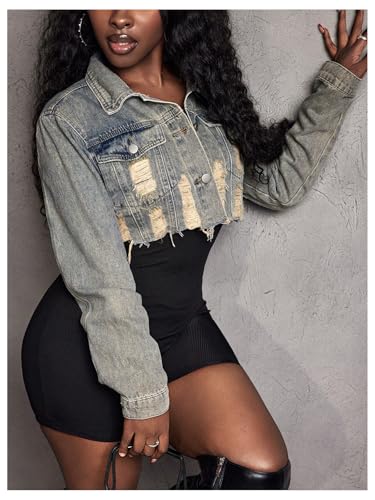 WDIRARA Women's Ripped Raw Hem Cropped Denim Jackets Button Down Long Sleeve Jean Jacket Outerwear3