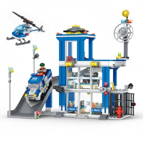 Image of SKY LINE OCEAN Police Station Slider Building Block Set, 601+ PCS City Police Playset with Action Slider Feature, Patrol Vehicles & Accessories, STEM Construction Toy | 5 Year Structural Warranty