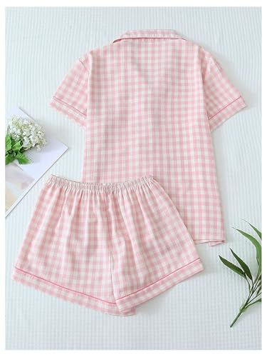 Verdusa Women's Plaid 2 Piece Cute Pajama Sets Short Sleeve Button Down Shirts with Shorts Loungewear2