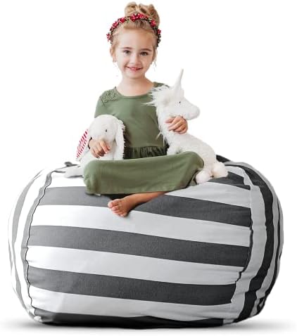 Creative QT Stuff ’n Sit Large 33’’ Bean Bag Storage Cover for Stuffed Animals & Toys – Gray & White Stripe – Toddler & Kids’ Rooms Organizer – Beanbag Makes Great Plush Toy Hammock Alternative