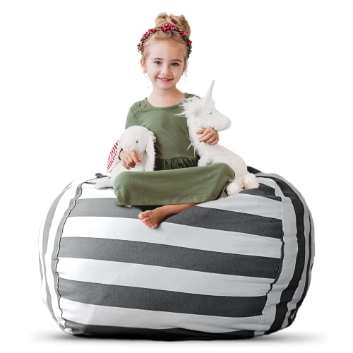 Creative Qt Stuff ’N Sit Large 33’’ Bean Bag Storage Cover For Stuffed Animals & Toys – Gray & White Stripe – Toddler & Kids’ Rooms Organizer – Beanbag Makes Great Plush Toy Hammock Alternative #TOP6