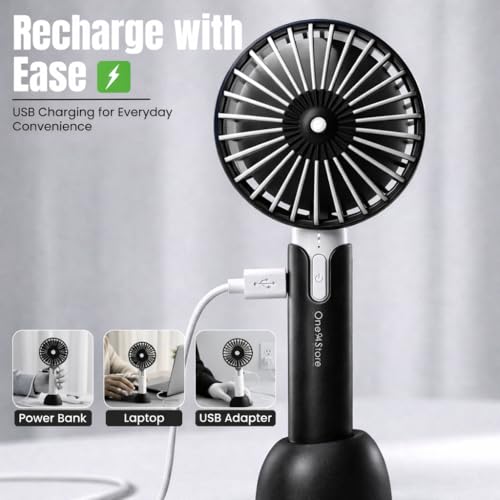 Image of One94Store High Speed Portable Hand Fan, 4800 RPM, 1200mAh USB Rechargeable Battery, Up to 6H Runtime, 3 Speed Modes for Travel, Office & Outdoor, Black - Mini Fan, Hand Fan, Small Fan, USB Fan