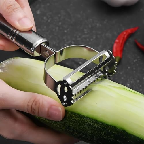 Image of Stainless Steel Julienne Vegetable Peeler Multi-Functional Fruit & Veggie Shredder Slicer and Grater for Potatoes, Carrots, Cucumbers (Silver, 18 x 8.2 x 2.4 cm)