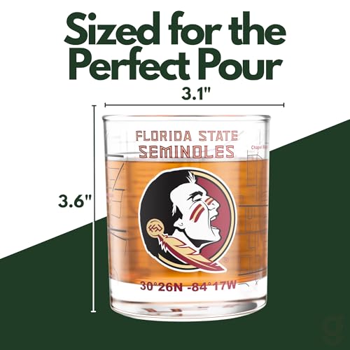 Image of Greenline Goods Florida State University Seminoles Whiskey Glasses Set of 2, 10 oz Rocks Glasses with Full-Color Logo & Campus Map - Officially Licensed Bourbon Glass Gift for Alumni & Fans