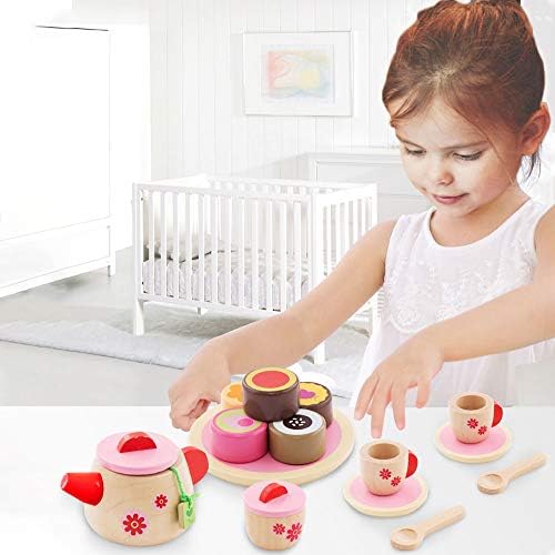 Nukdey Wooden Afternoon Tea Set Toy 18PCS with Tray Role Play Pretend Play Food Toys Wooden Dessert Cake Best Gifts for 3 4 5 6 7 Years Old Kids Toddlers Boys Girls