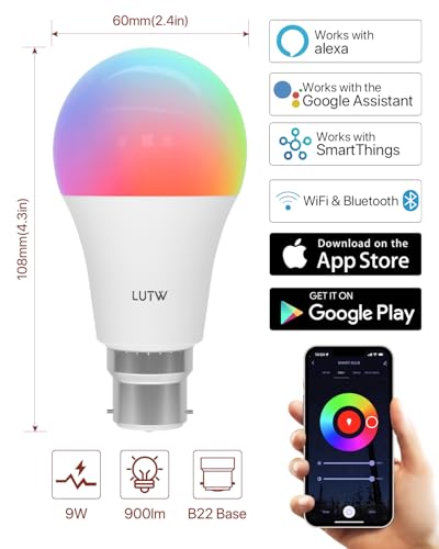 Smart Light Bulb, B22 Bayonet Led Bulb with Colour Changing Light, Compatible with Echo Alexa, Google Home, 9W 940lm RGBCW Bluetooth &WiFi 2.4GHz, Pack of 2 (No Hub Required) - Image 3
