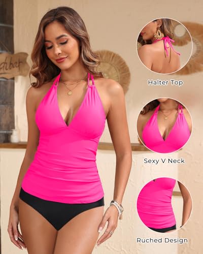 Image of Yonique Womens Two Piece Swimsuits Tummy Control Tankini Plus Size Bathing Suit Halter V Neck Swimwear
