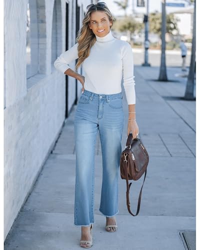 Image of GRAPENT Straight Leg Jeans for Women High Waisted Stretchy Frayed Raw Hem Loose Denim Pants Casual Baggy Jean Trousers