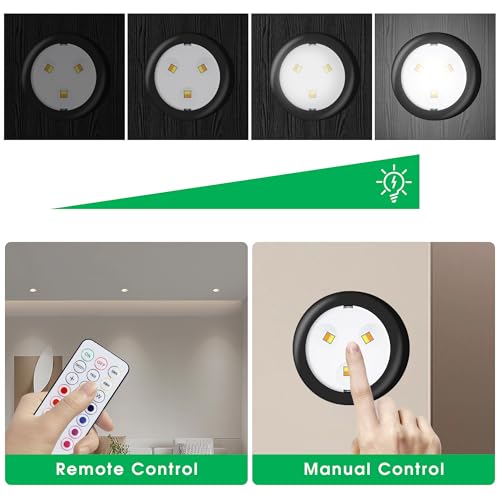 Puck Lights, 13 Colors Changeable LED Puck lightings Battery Powered Dimmable Under Cabinet Lights, Battery Powered Under Counter Lights with 2 Wireless Remote Controls for Kitchen by RGBB - Used condition - Image 4