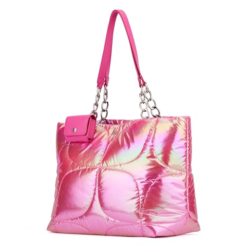 Paris Hilton Casson Puffy Quilted Oversized Tote with Chain Strap and Removable Headphones Holder Iridescent Pink
