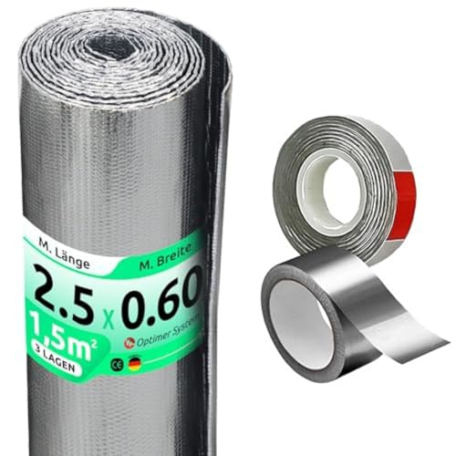 ISOLIERFOLIE FÜR RADIATOR | Reduziert Kälte und Wärme | 100% ALUMINIUM | Wärmedämmfolie für Fenster, Wand, Boden, Decke, Auto, Garage, Camper, Klimaanlage [0,60 x 2,5 m] | 3 m²+ 2 Isolierbänder